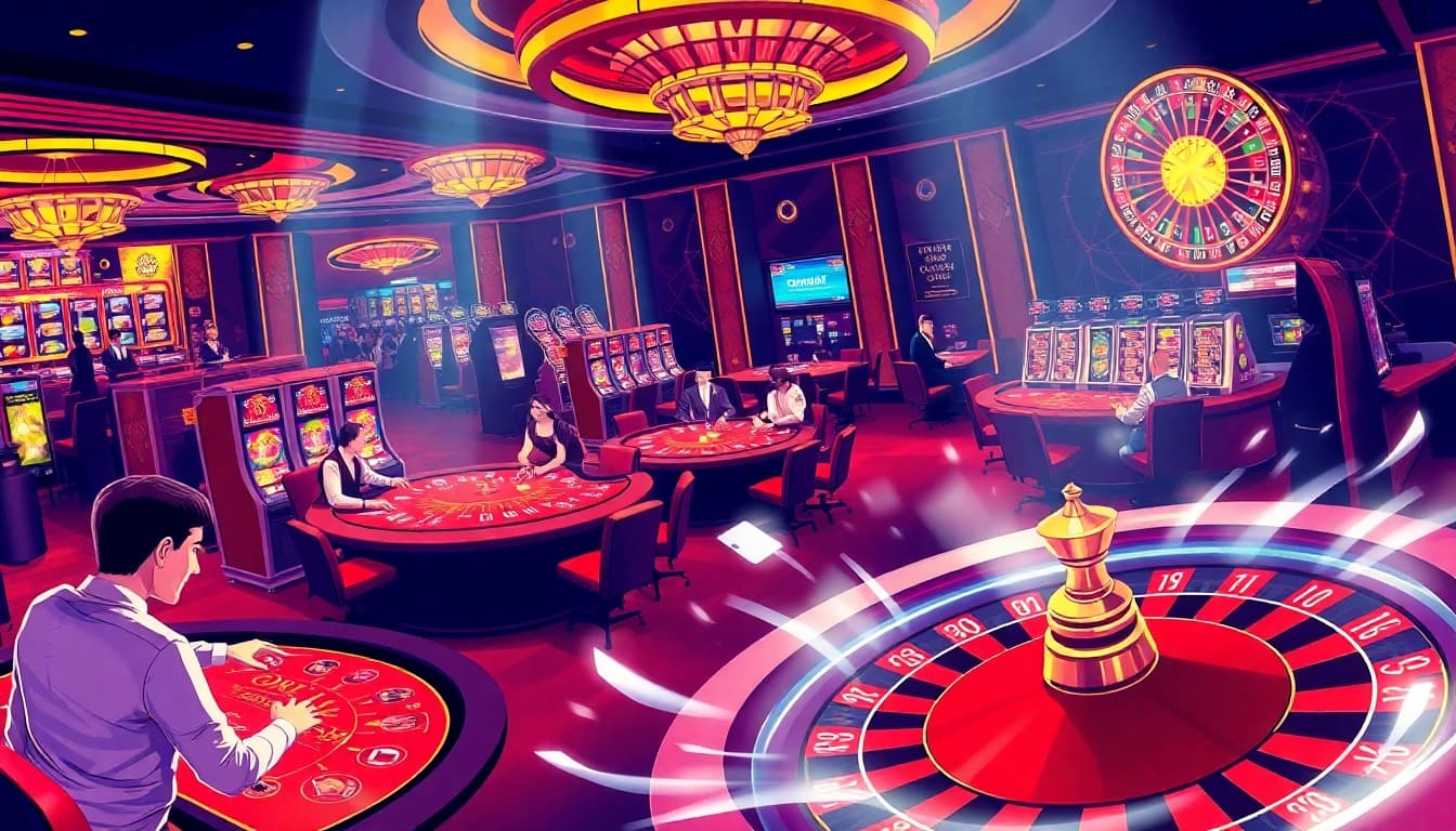 Players enjoying thrilling games at IQ88 casino, featuring vibrant tables and slot machines.