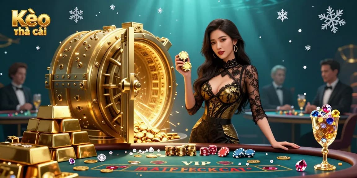 Kèo nhà cái highlights betting strategies with a glamorous Asian woman at a baccarat table surrounded by treasures.