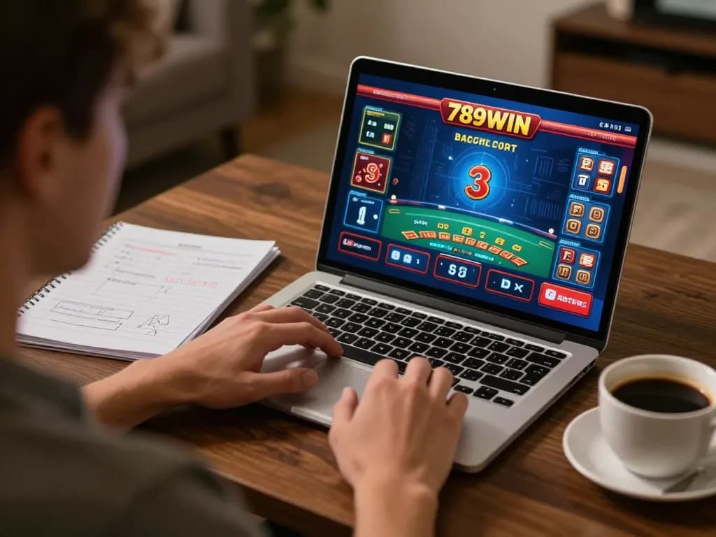 Engaging in Baccarat gameplay at 789WIN while strategizing with notes and coffee in a cozy home setting.
