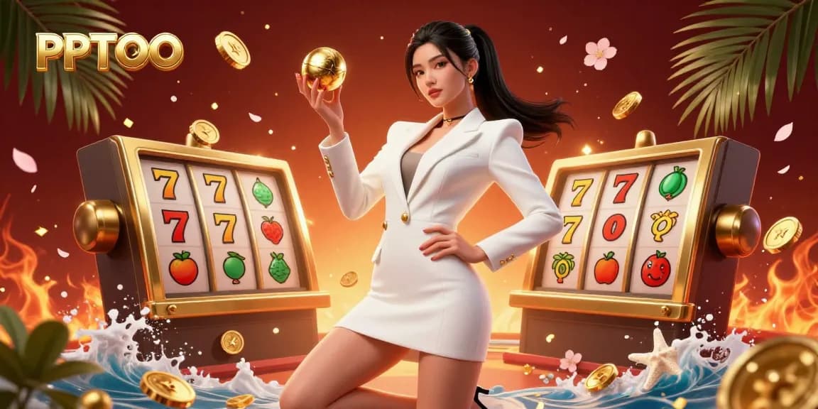 Pengalaman kasino dinamis PPTOTO menampilkan wanita glamor dengan bola roulette di antara gulungan slot dan konfeti emas.