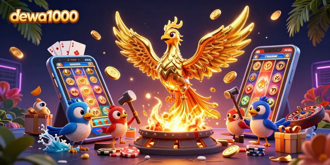 Experience excitement with dewa1000 as golden coins erupt from a vibrant slot game scene.
