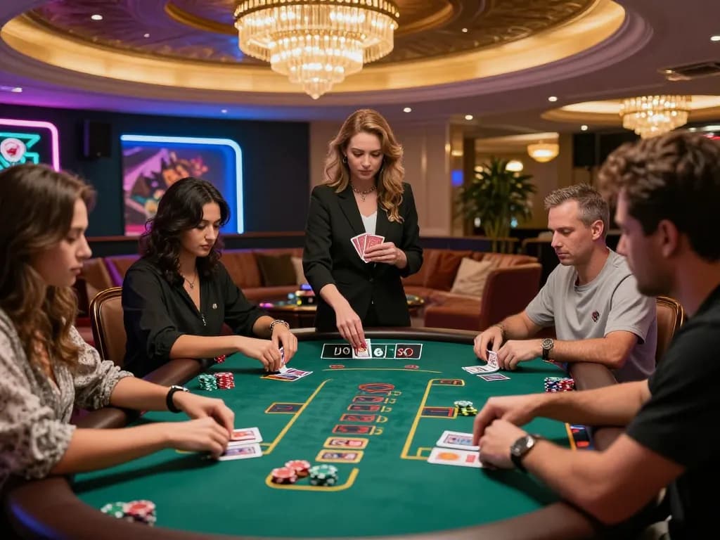 Engaging scene of S88 blackjack table with players and dealer showcasing intense gameplay.