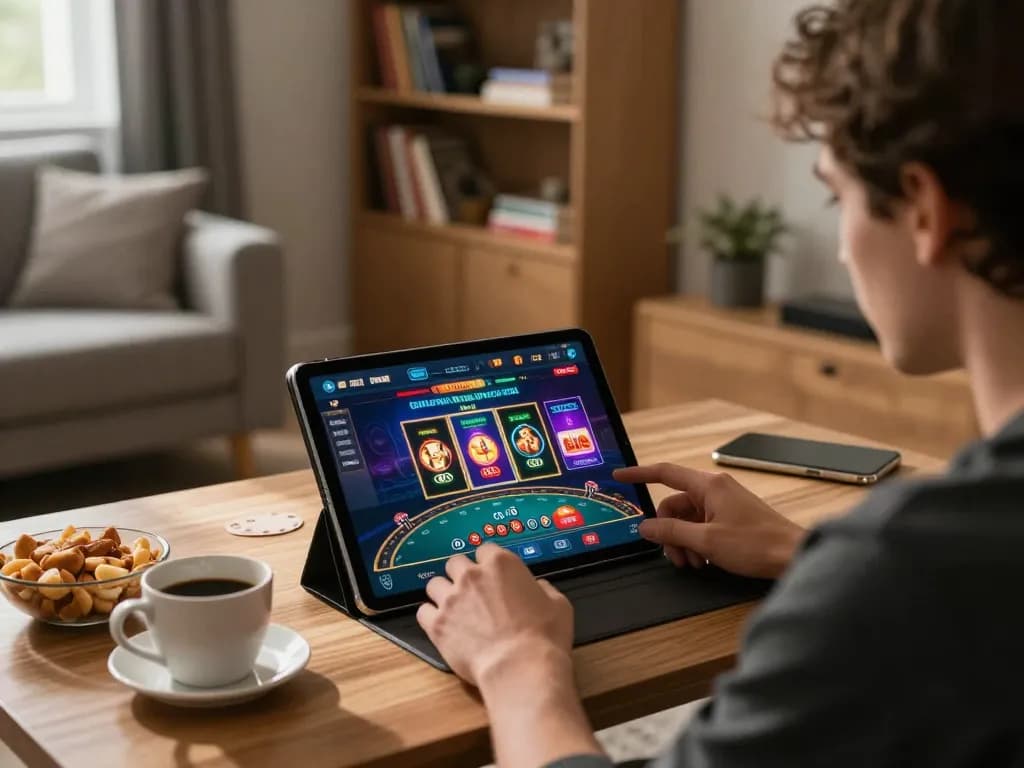 Engaged player using tablet for online casino gaming at home while exploring https://cak-t.com/ for strategies