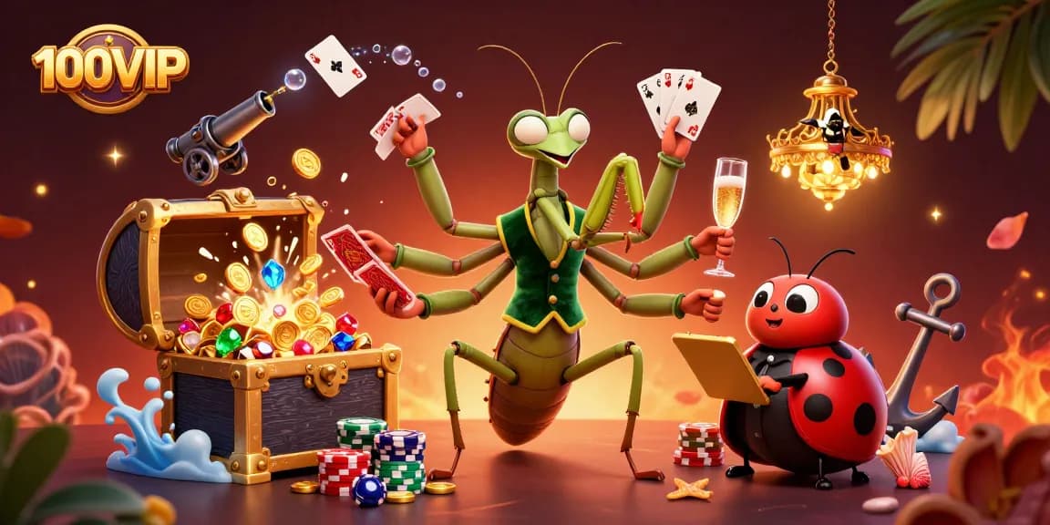 Experience thrilling gambling action at 100VIP with card games, chips, and vibrant casino elements.