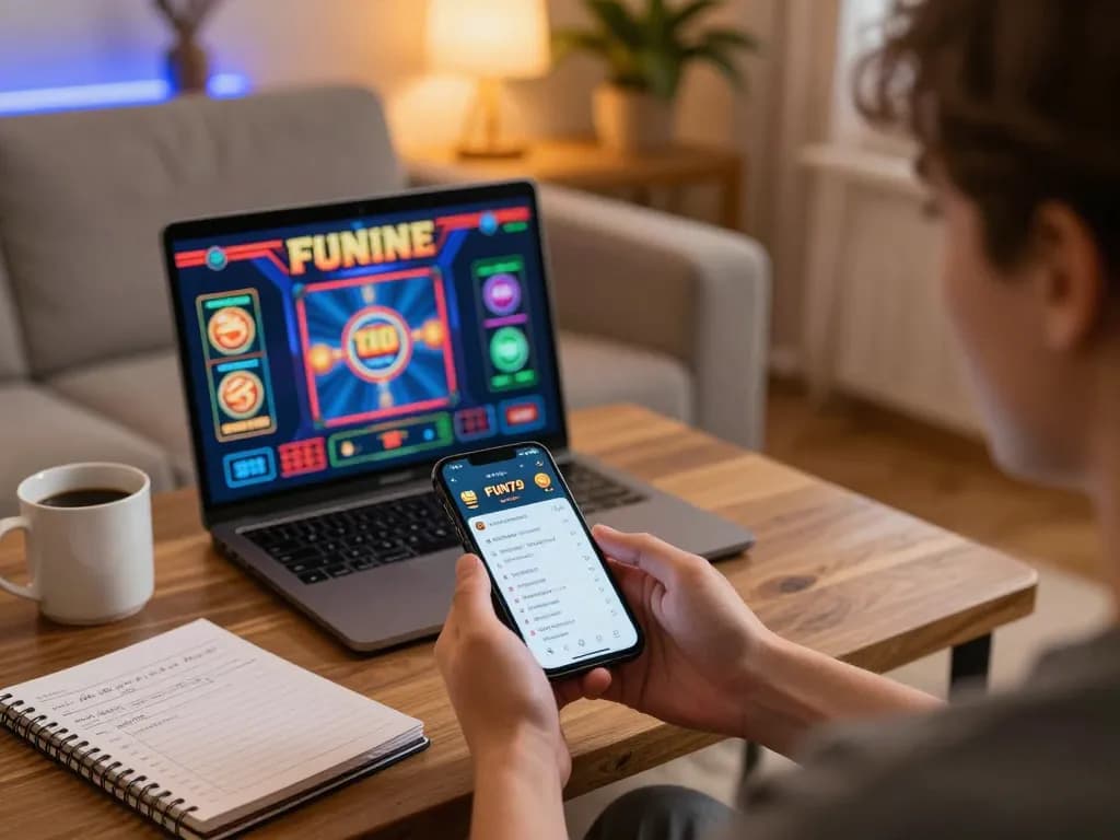 Engage in thrilling gameplay with the FUN79 app on a stylish home setup, showcasing online gaming excitement.