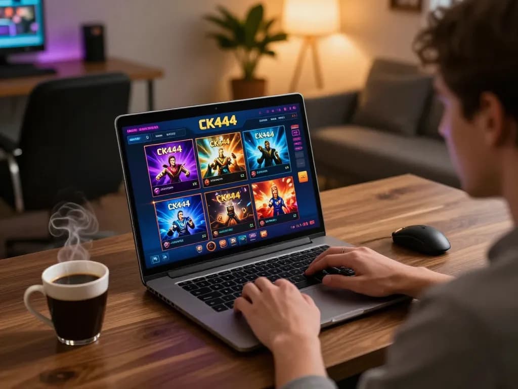 CK444 user engaged in online gambling with laptop and coffee in a cozy setting