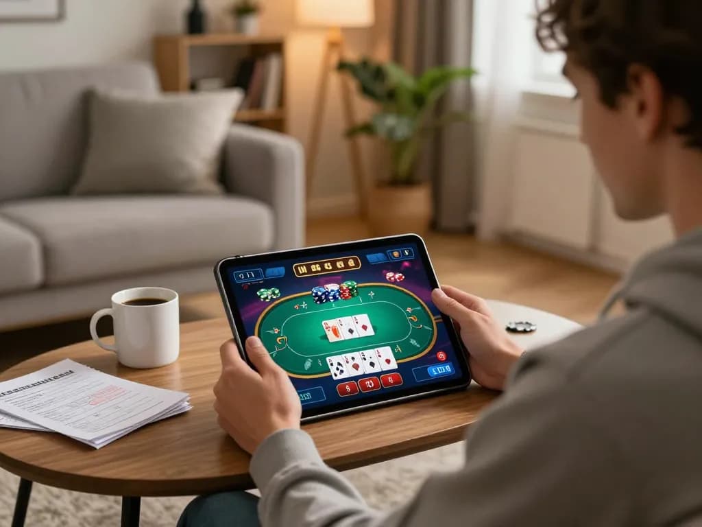 Engaging in online poker gaming with mubet, showing vibrant game interface and cozy atmosphere