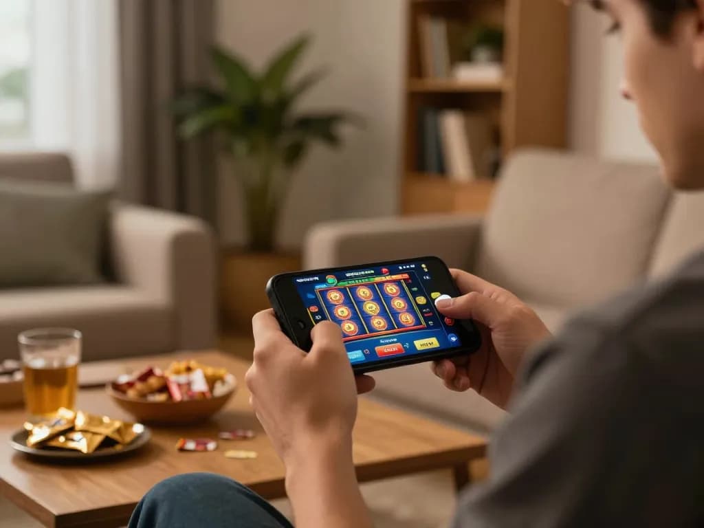 Engaging online casino session with smartphone displaying link rr88 and colorful slot game interface