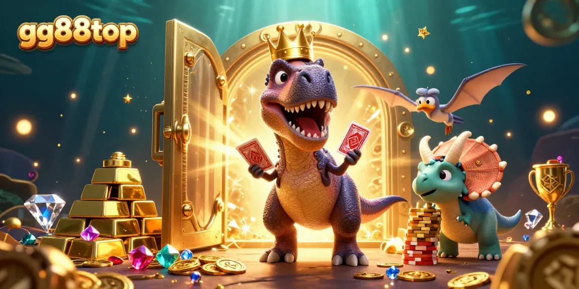 gg88top offers a vibrant casino experience with T-Rex shuffling cards surrounded by treasure and fun.
