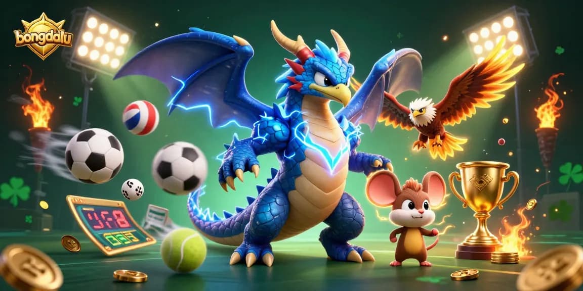 Bongdalu showcases a thrilling thunder dragon with electric blue lightning defending sports betting elements like soccer balls and trophies.
