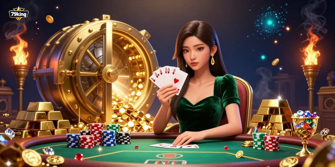 Engage in thrilling poker at 79king, featuring a stunning Asian woman with cards, surrounded by riches.