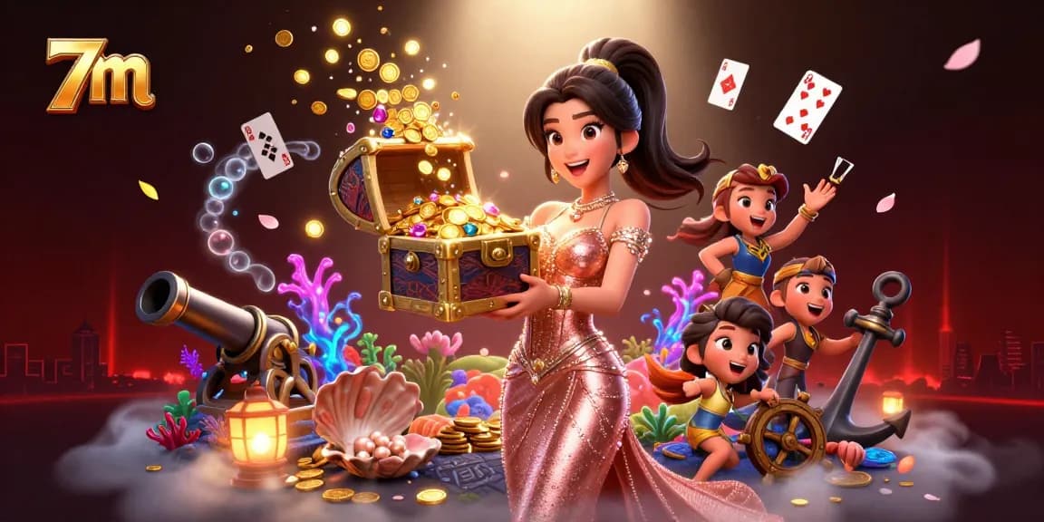 Engage in thrilling gaming with 7m, where an Asian woman presents overflowing treasure of gems and coins at a glamorous casino.