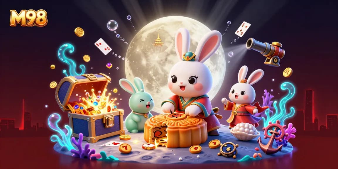 Experience M98’s vibrant slots with characters enjoying colorful casino games.