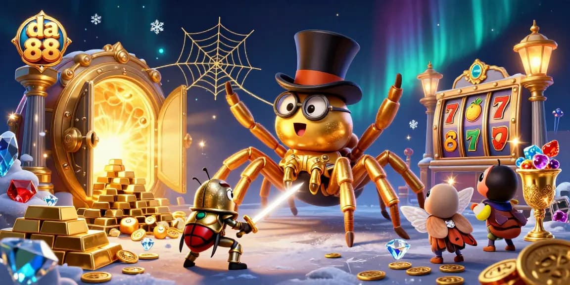 Spin the reels at da 88 with a golden tarantula and knight surrounded by treasures.