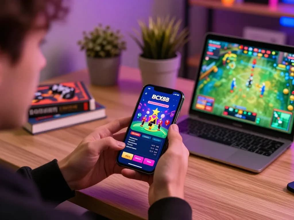 Engaging player using BCX88 app for online casino strategy in a cozy home setup
