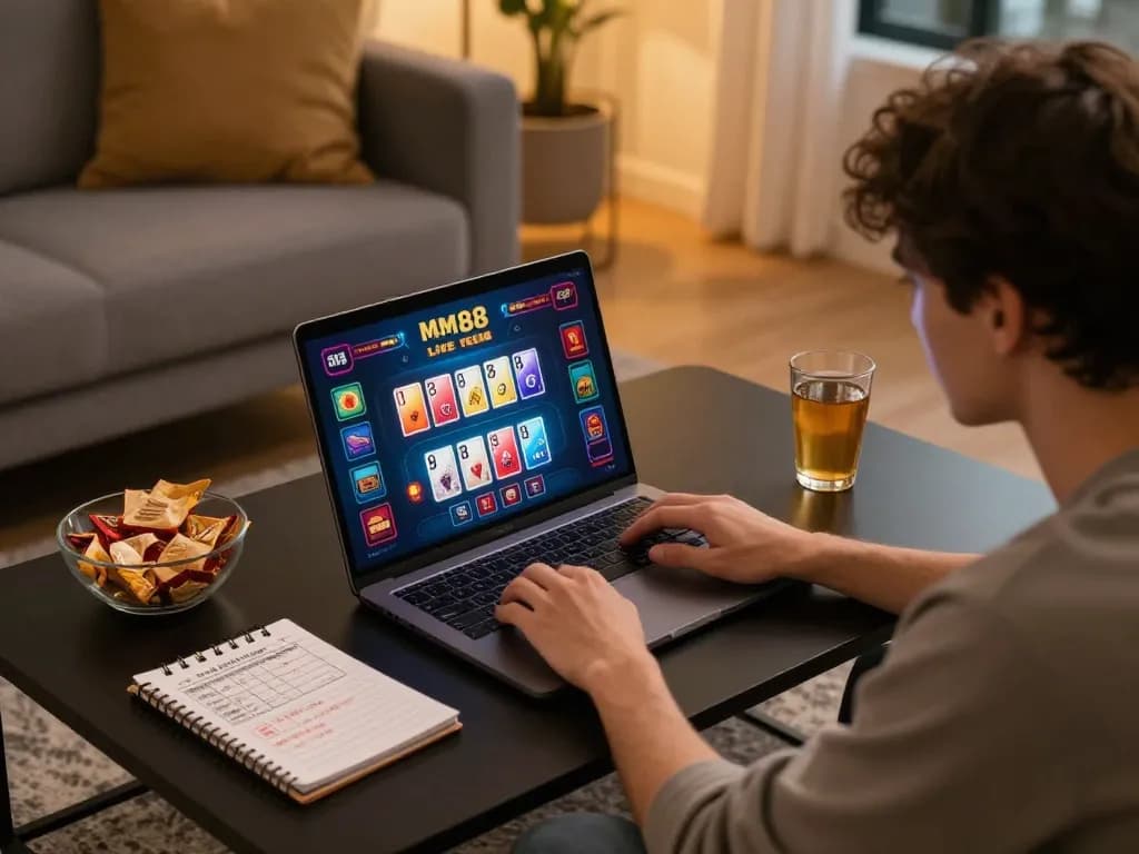 Engaging mm88 online gaming session at home, showcasing vibrant live casino interface and personal strategy notes.