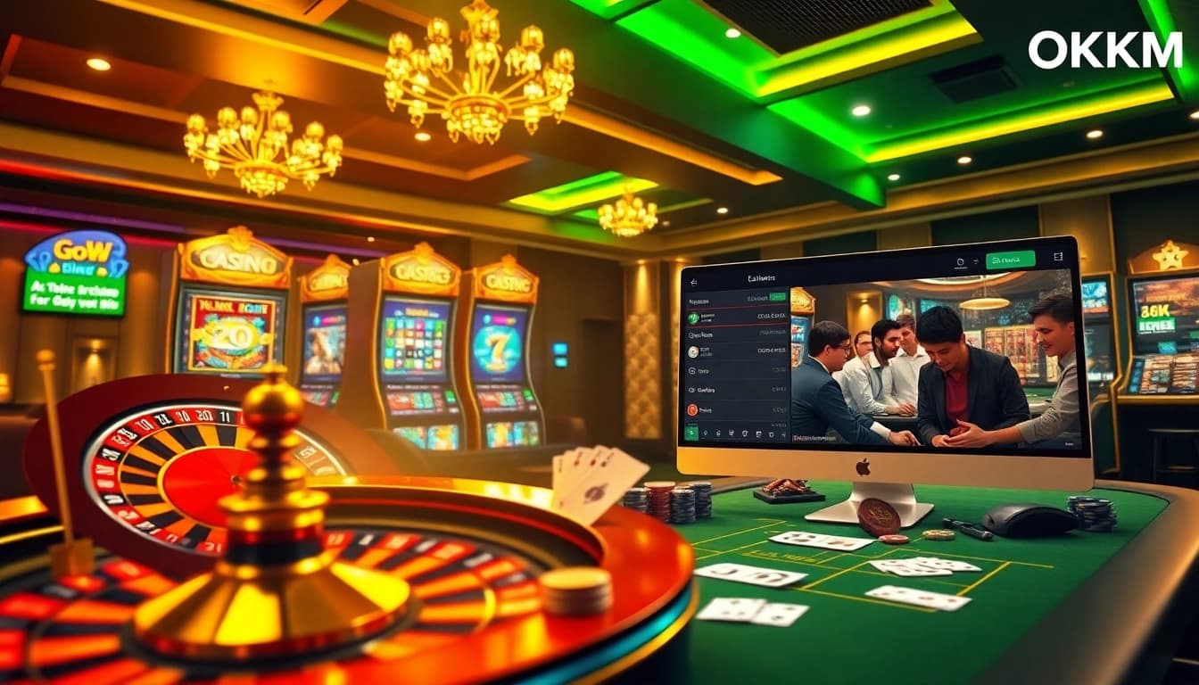 Engaging casino scene depicting modern online gambling with OKATM elements, highlighting excitement and luxury.