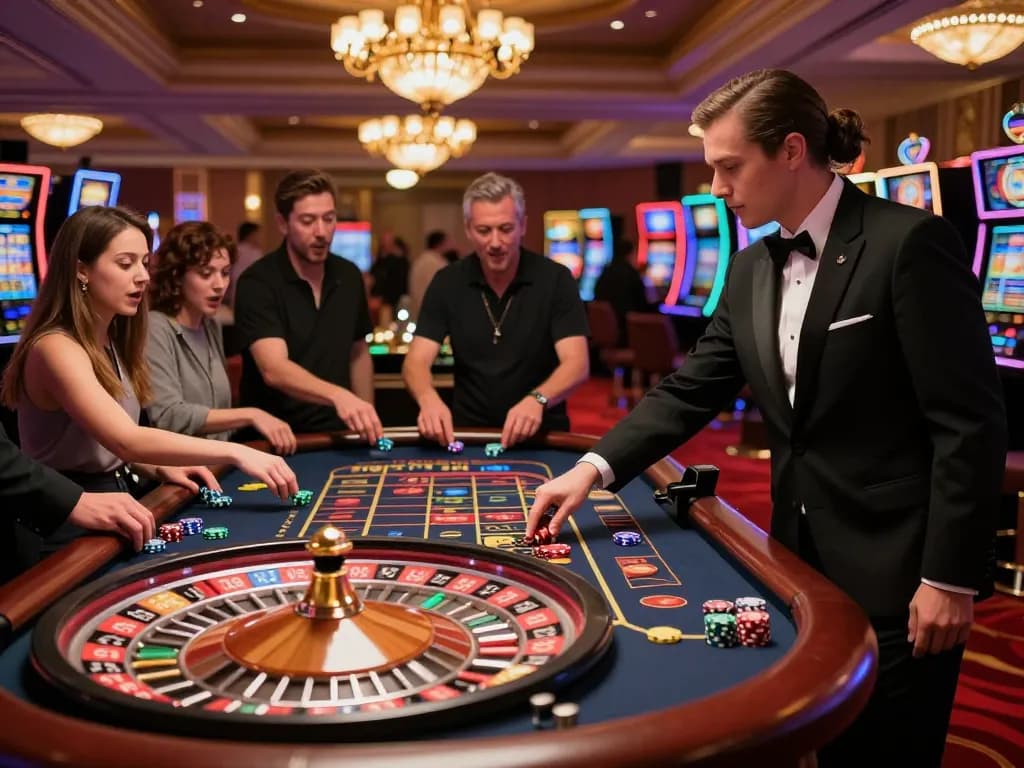 Players placing bets at the KK55 roulette table in a vibrant casino atmosphere.