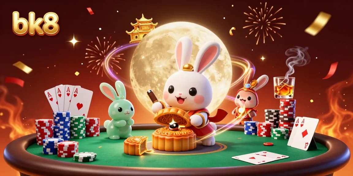 Engage with bk8's vibrant casino world, featuring a moon rabbit in a lively poker scene.