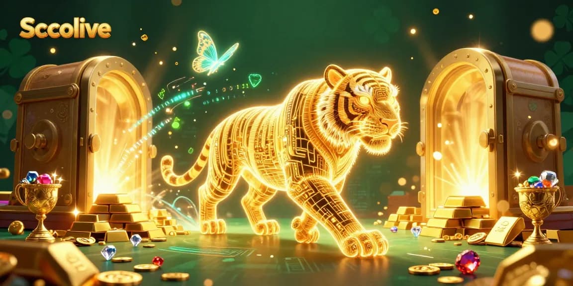 Socolive offers an electrifying experience with a neon golden tiger amid shimmering treasure and vibrant casino lights.