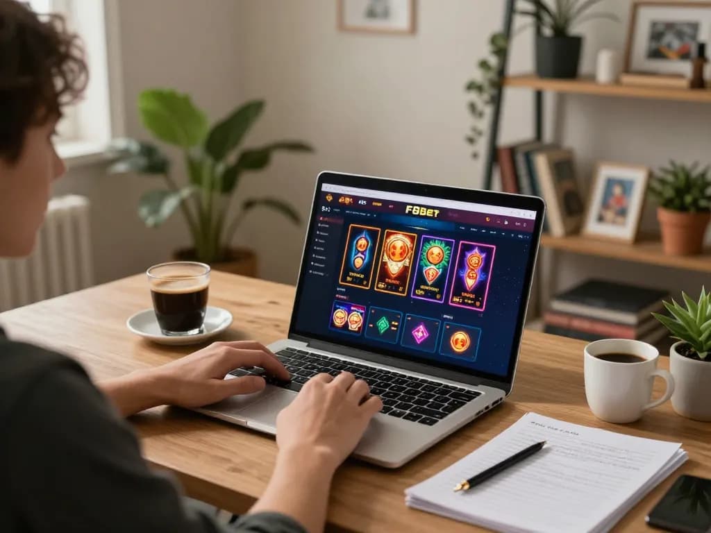 Player enjoying a game on F8bet's online platform while managing strategy notes and coffee.