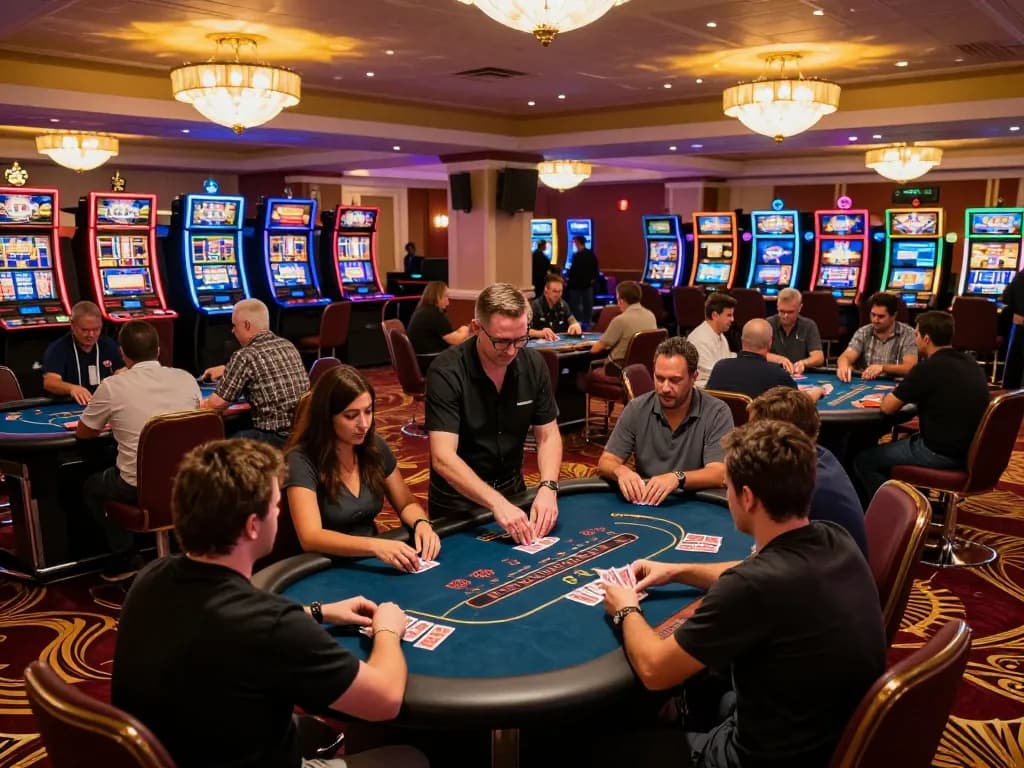 Players engaging in a poker game at a vibrant casino showcasing 7m atmosphere of excitement and strategy