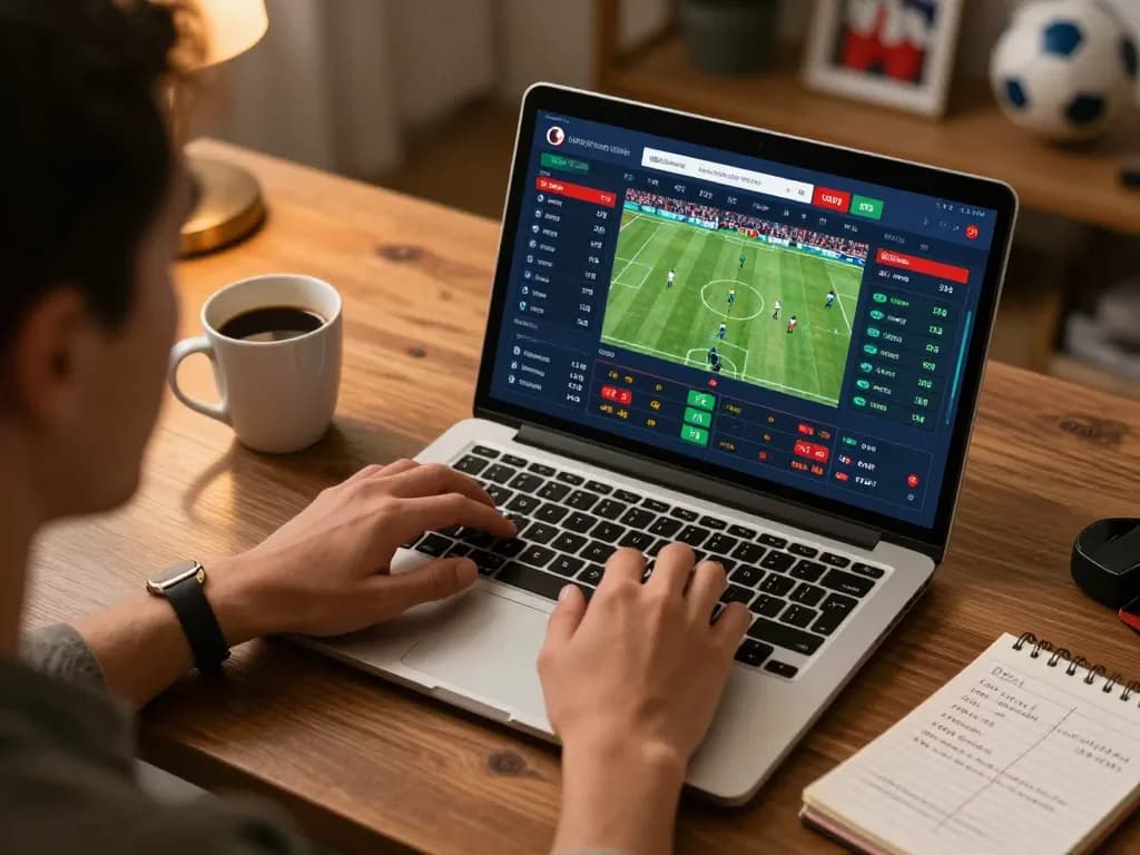 Person placing live sports bets on QE8 platform with intense focus and strategy notebook.