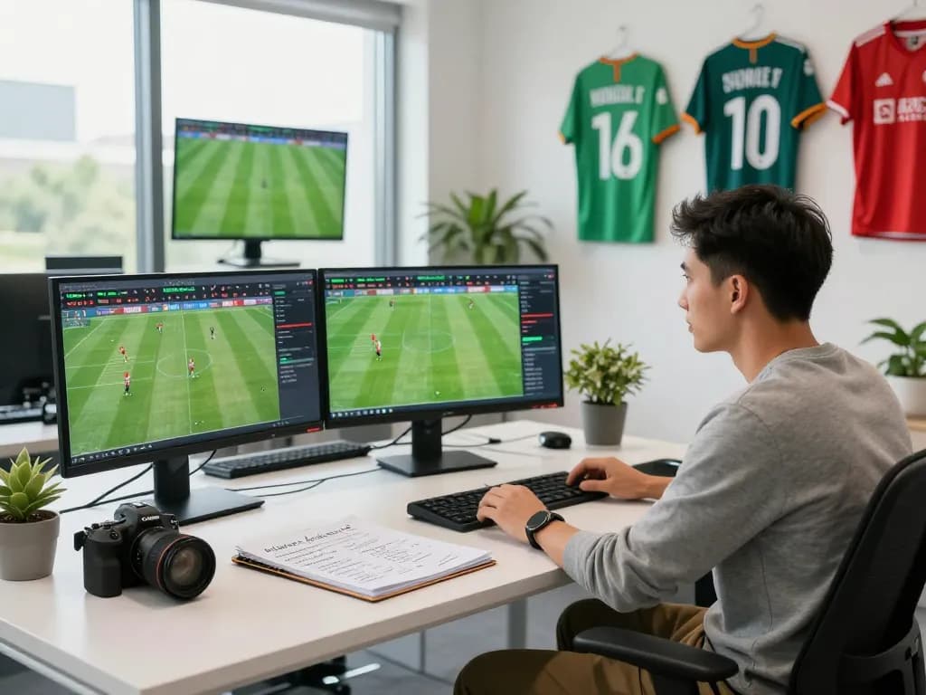Football analyst using NOWGOAL live scores and data, showcasing dynamic analysis in a modern office.
