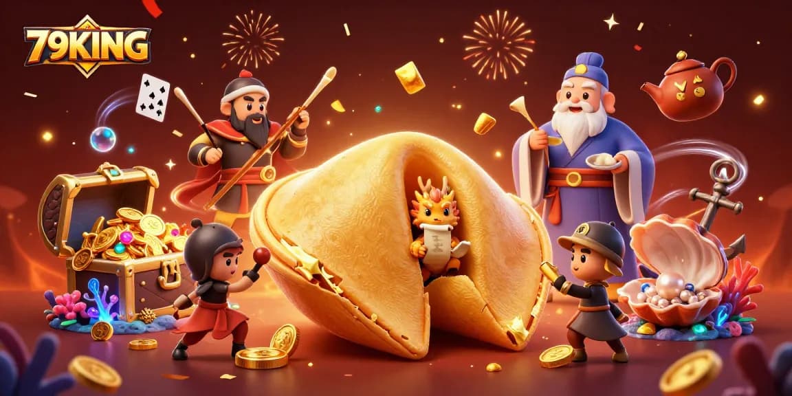 Catch the excitement of 79KING with a dynamic 3D illustration featuring golden fortunes and gaming treasures.