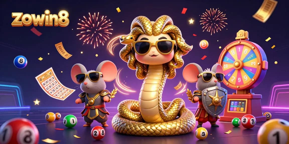 Join the fun at zowin8 with vibrant lottery balls and a friendly Medusa in this casino scene.