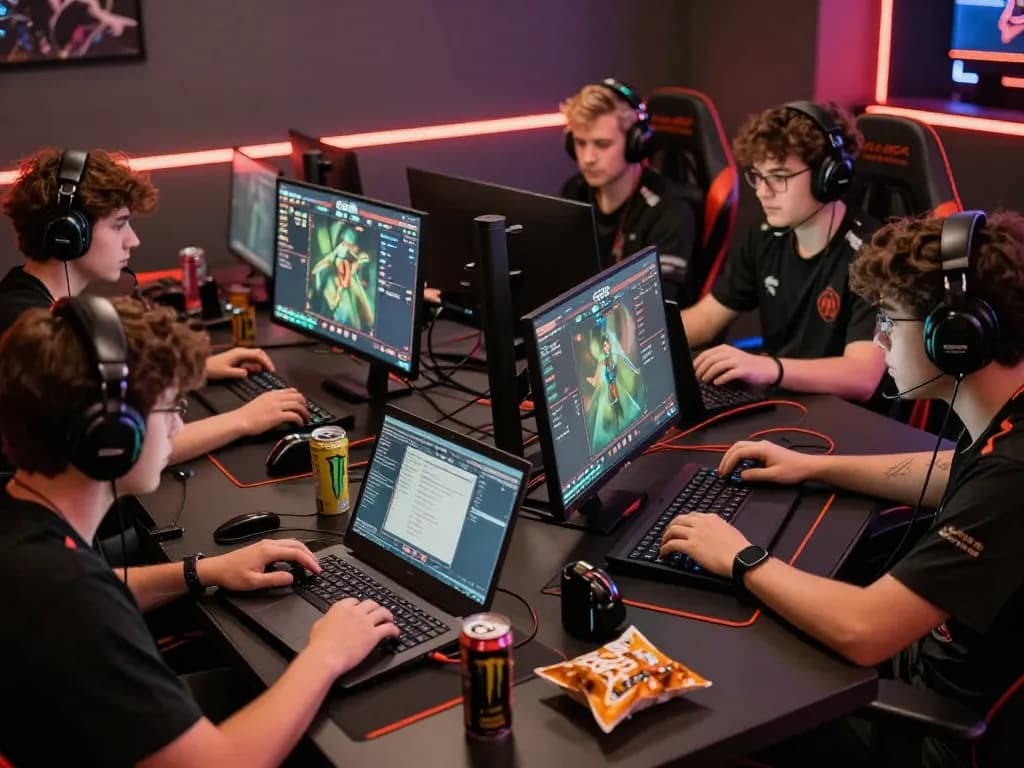Gamers intensely following GG88 esports betting in a dynamic gaming lounge.