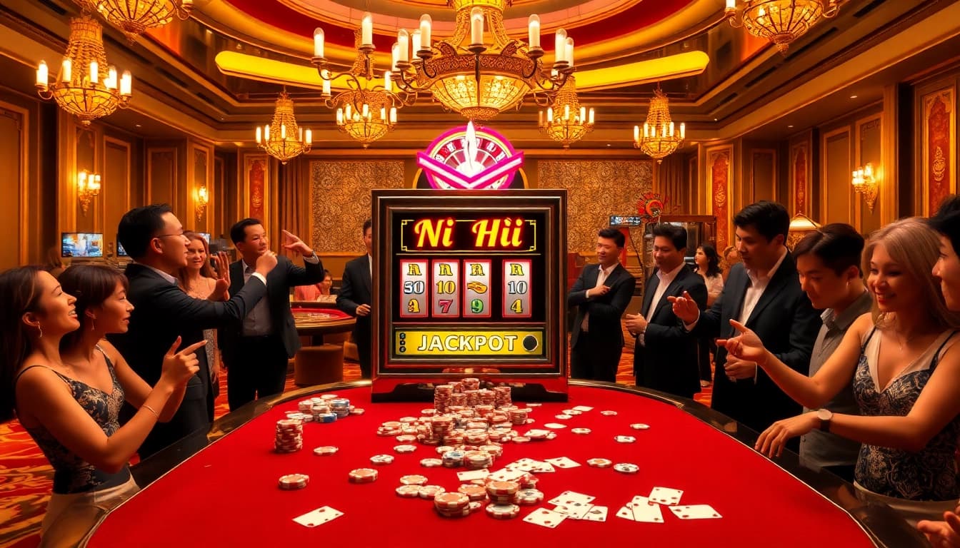 Experience the thrill of nổ hũ as players engage at a vibrant casino gaming table with a jackpot slot machine.