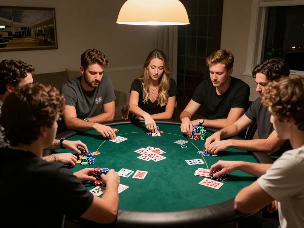 THABET players strategizing during a lively poker game at home, vibrant chips and cards visible.