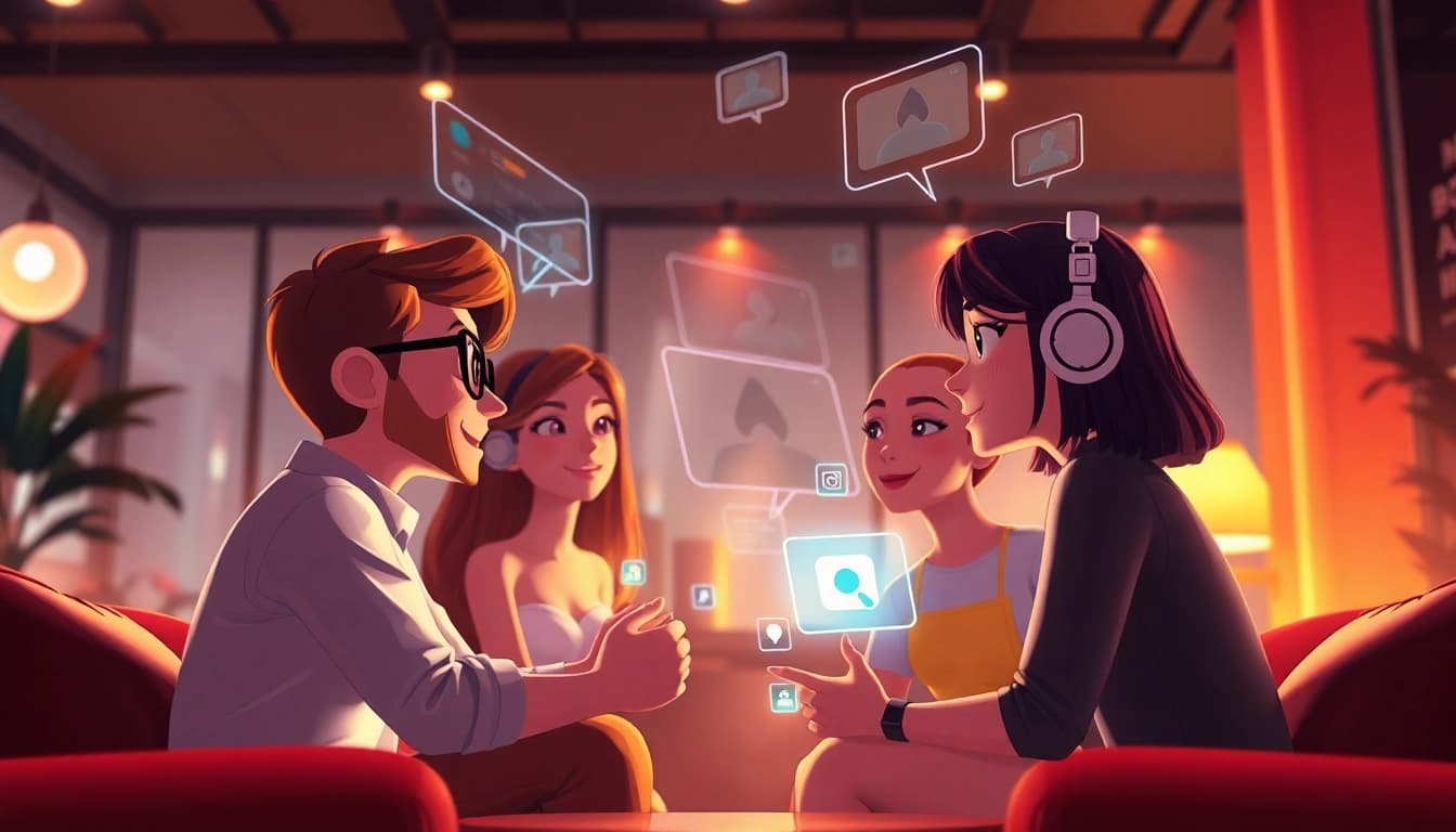 Interactive scene showcasing AI porn chat characters in a cozy digital lounge setting.