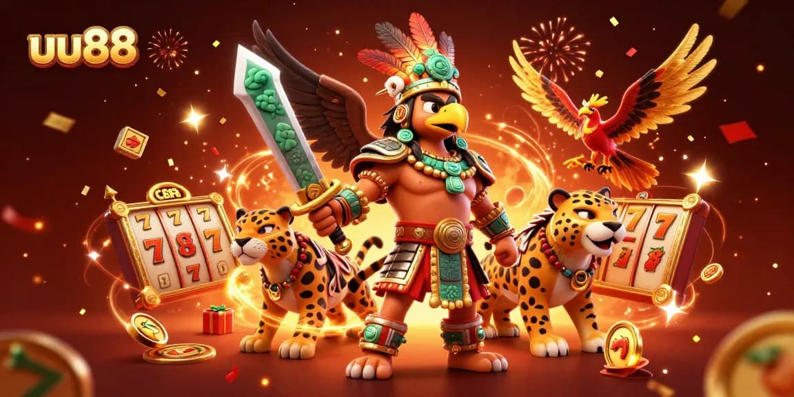 Win big with uu88 in this vibrant 3D casino scene featuring jackpots, warriors, and festive elements.
