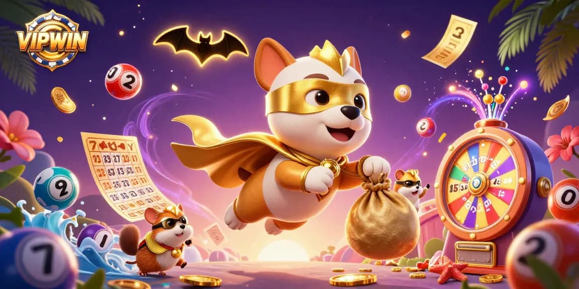 VIPWIN's superhero dog flies high, winning big amidst vibrant lottery balls and exciting game elements.