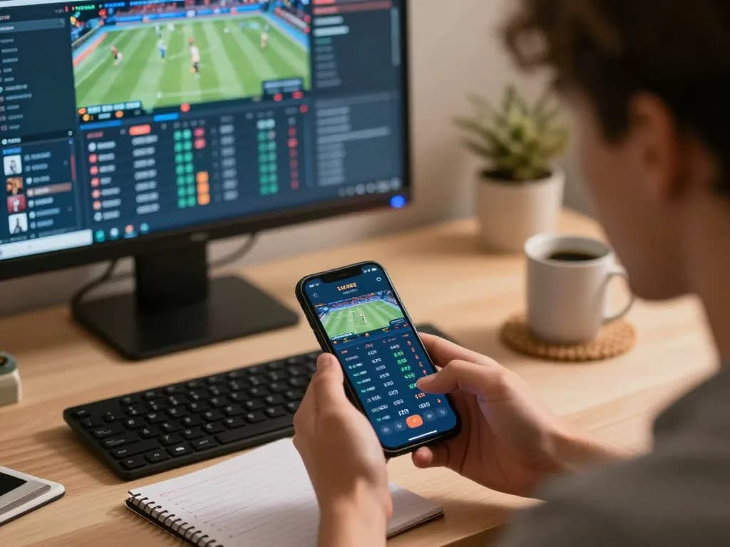 Ricbet user strategizing while placing bets on a smartphone, capturing the thrill of online sports betting.