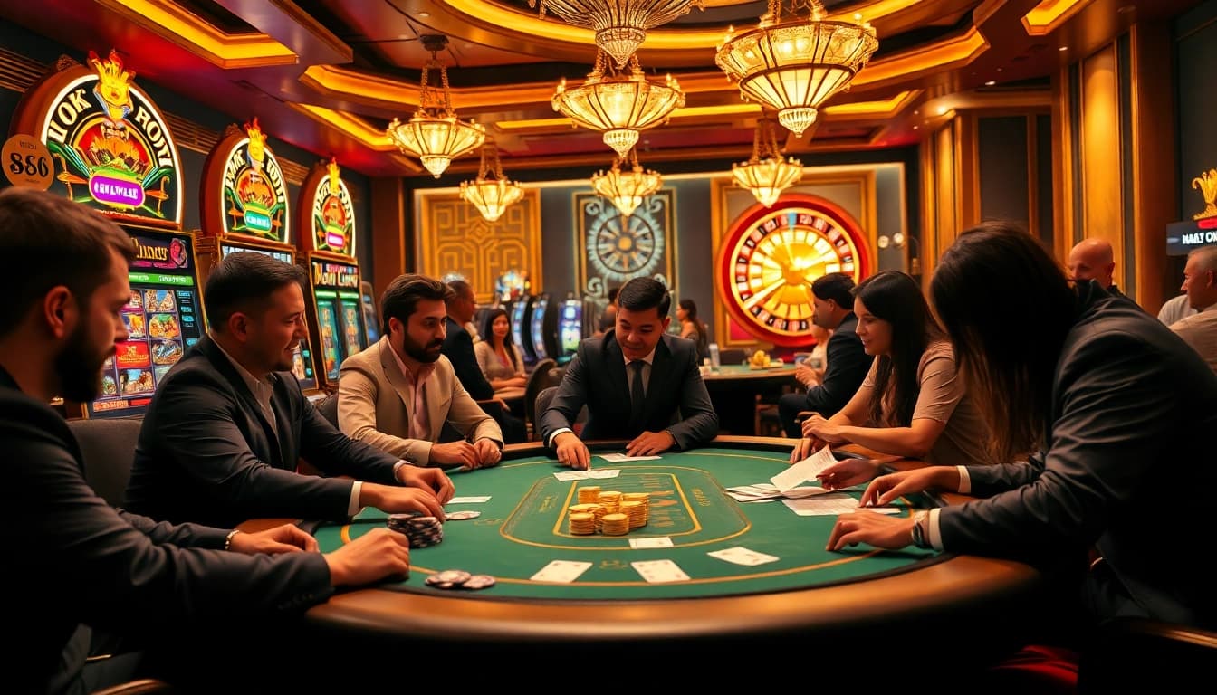 Experience thrilling gameplay at HM88 with vibrant casino tables and excited players.