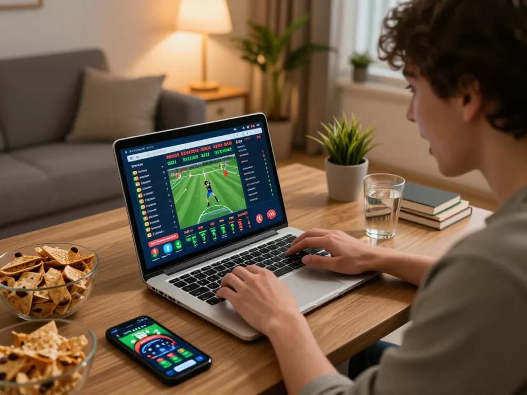 Kuwin online gambling scene with a player engaged in live sports betting at home
