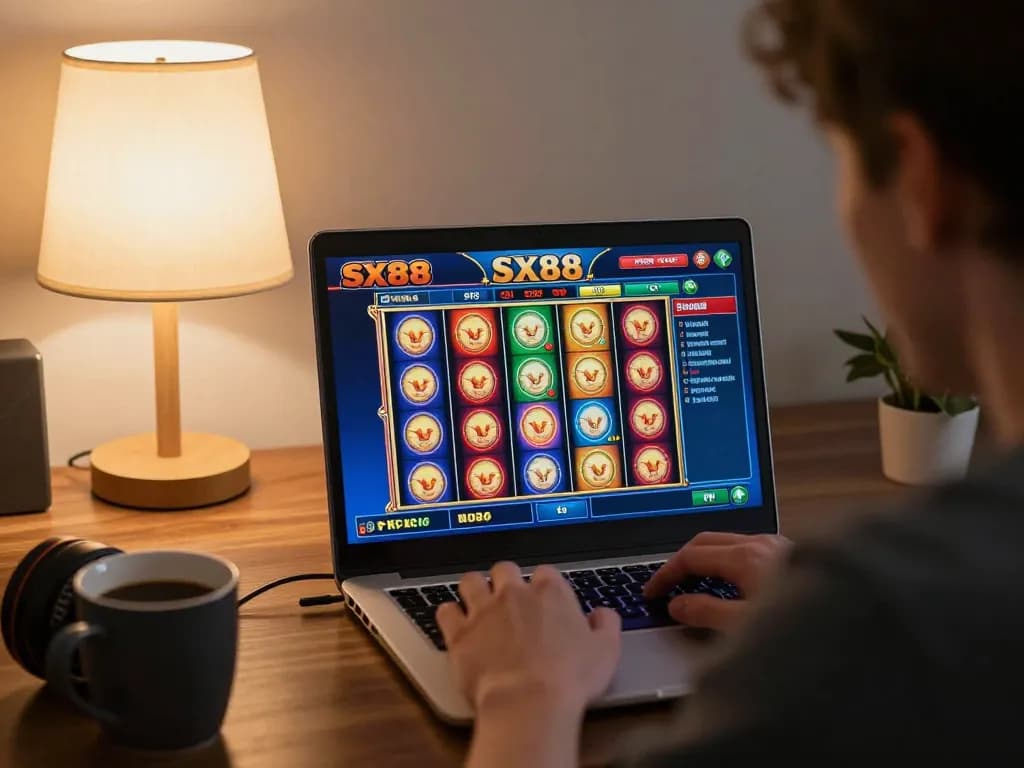 SX88 casino player engaging with online slots in cozy home setting, demonstrating strategic gaming.