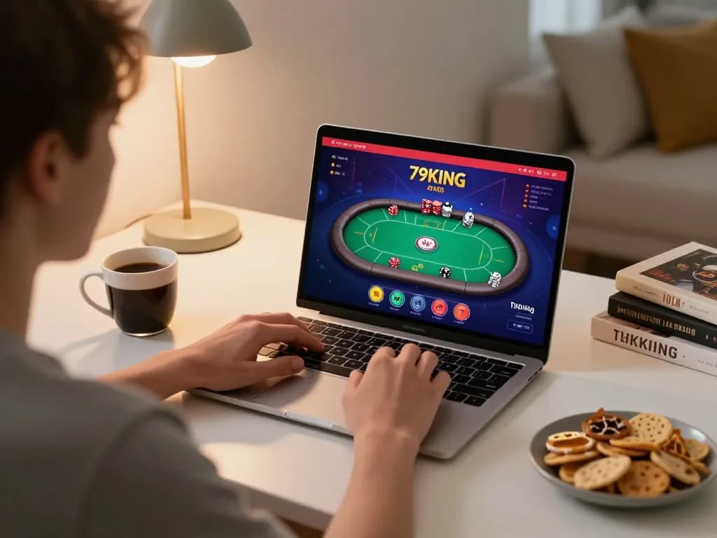 Engaging online gaming experience at 79KING with a player using a laptop in a cozy home setup.