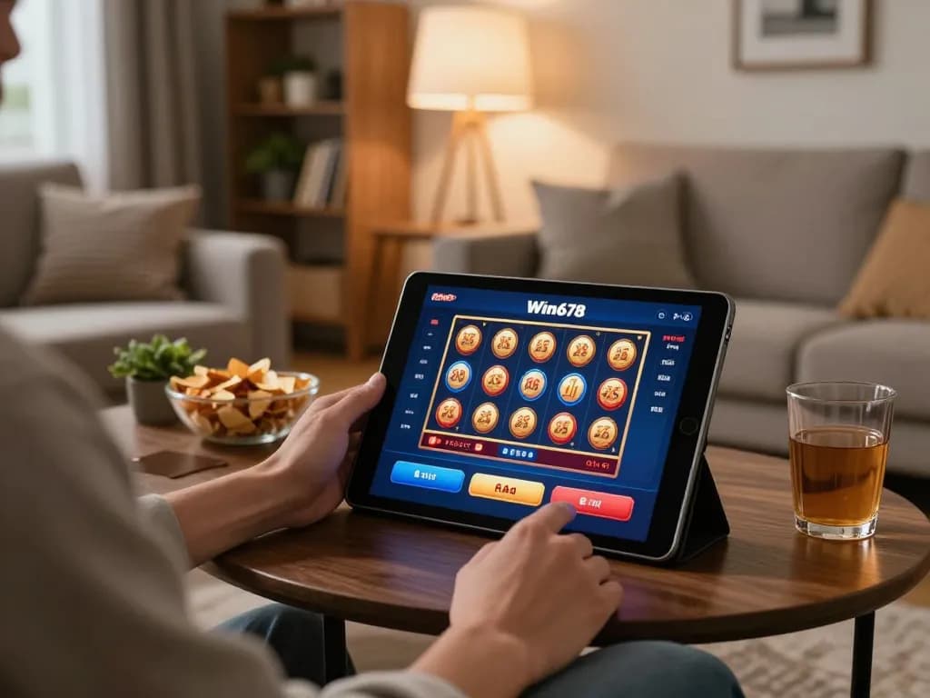 Engage in thrilling gameplay on win678's casino app in a cozy home setting.