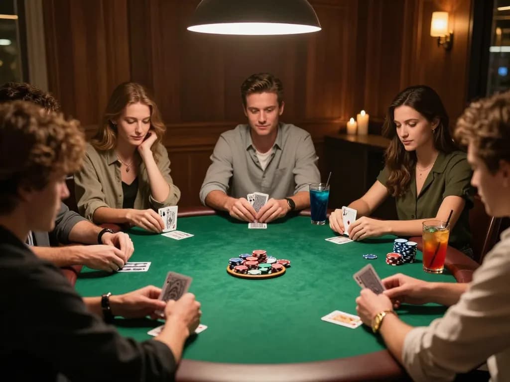 DABET players strategizing in a friendly poker game at home, showcasing cards and chips.