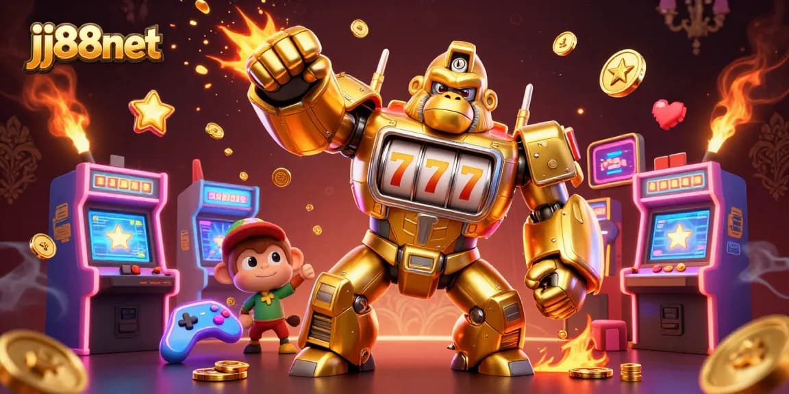 Win big at jj88net with an exciting 3D illustration featuring a golden gorilla mech and casino elements.