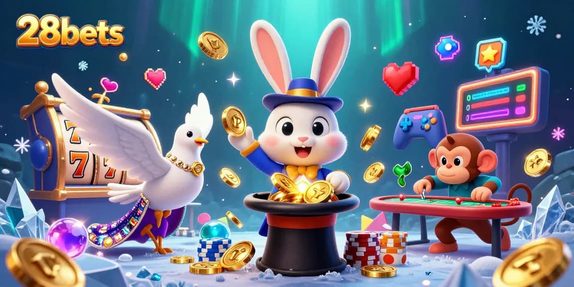 Engage in thrilling gameplay with 28bets, featuring a magician rabbit, dove, and monkey in an exciting casino illustration.