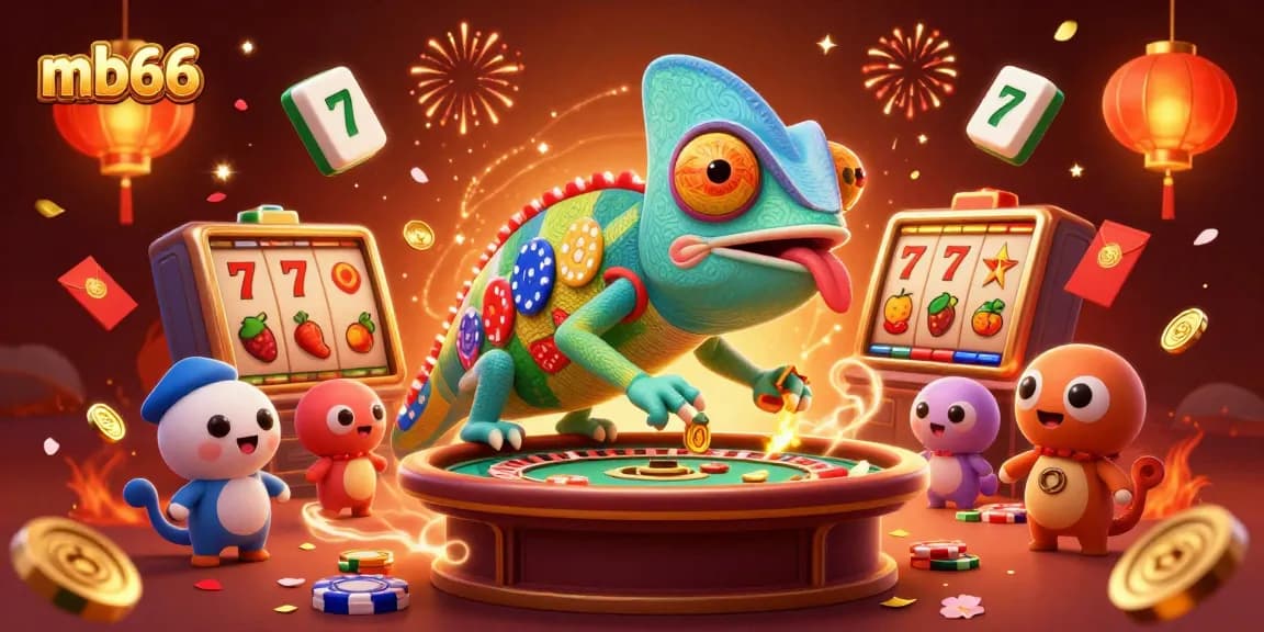 Join the buzzing casino excitement at mb66 with a vibrant 3D chameleon owner amidst slot machines and festive elements.