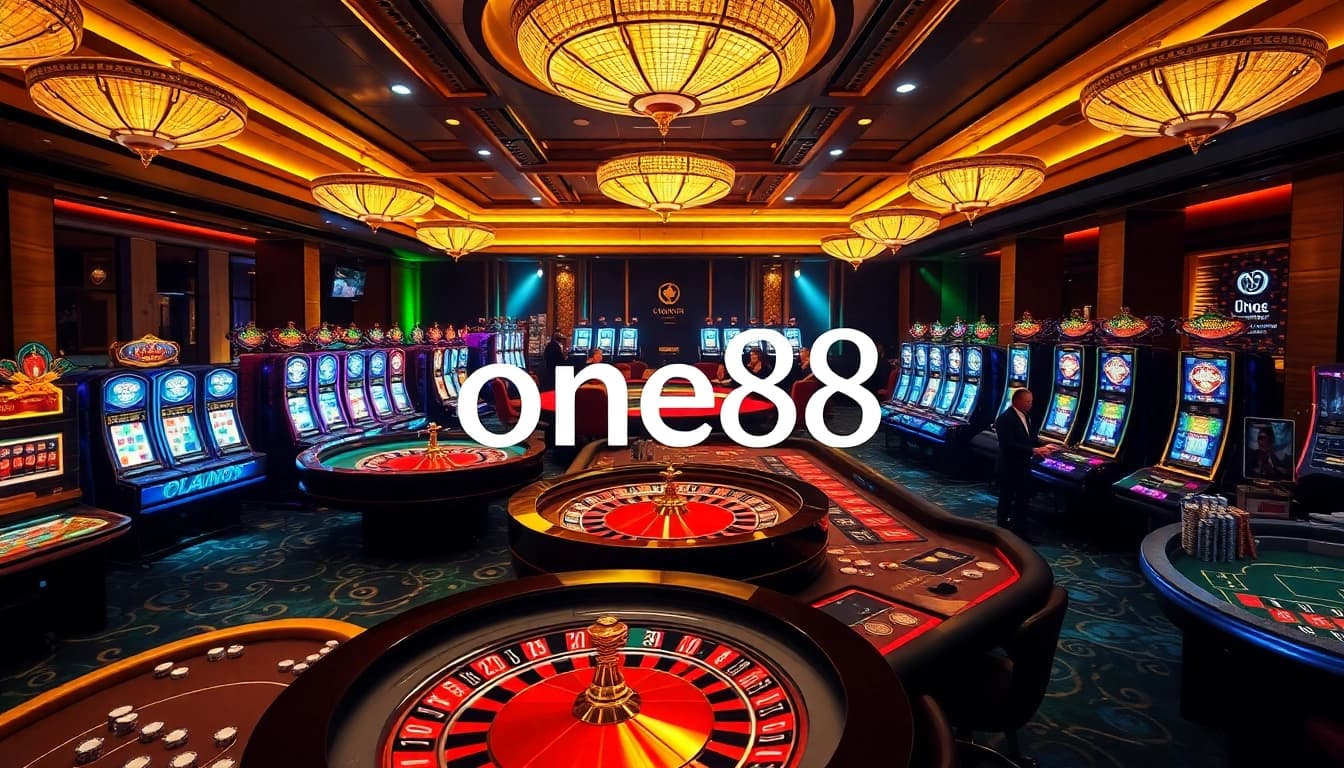 Witness engaging gameplay at one88's luxurious casino tables, featuring vibrant slot machines and vibrant decor.