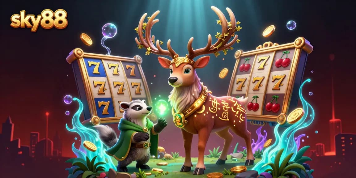 Experience thrilling action at sky88 casino with vibrant slot reels and enchanting characters in this dynamic illustration.
