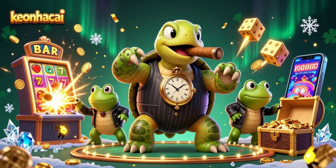 Engage with keonhacai's vibrant casino experience featuring a cartoon turtle and bullfrogs amidst jackpot excitement.
