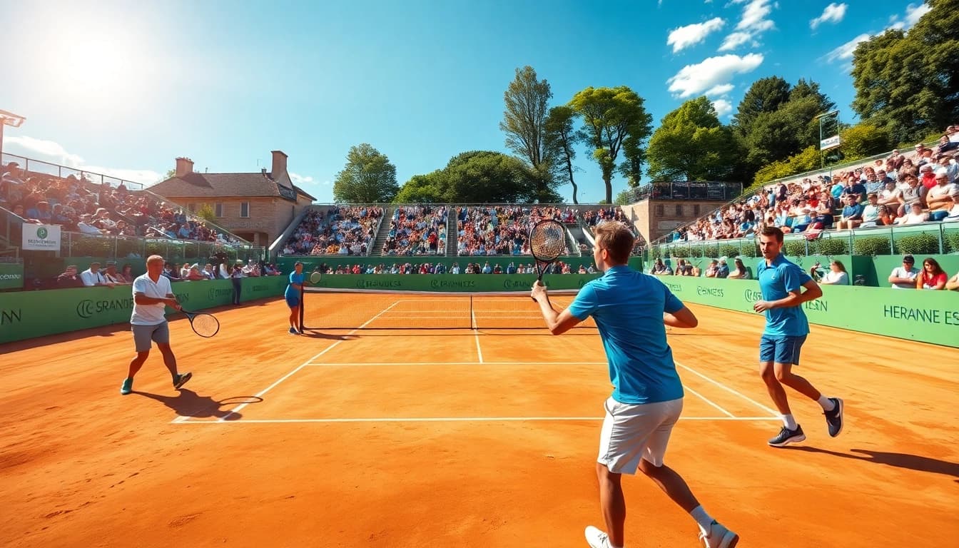 OPEN88 tennis match at Grand Est Open 88 with players in action on clay court.